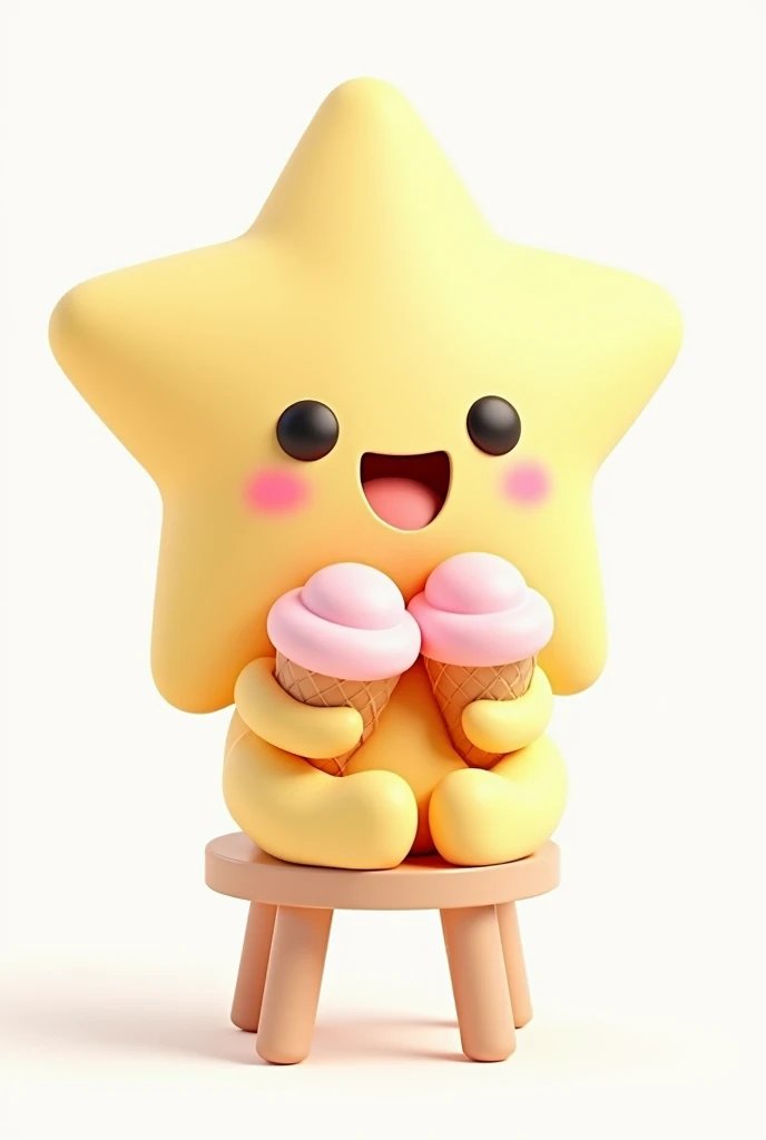 Cute, smiling, star-shaped character with simple facial features, pink cheeks, and black eyes, Sitting on a stool with ice cream in both hands. The character has a light beige skin color and a smooth surface with no wrinkles or textures, set against a solid white background. The overall style is cute and cartoon-like, with a simple design and a 3D rendering.