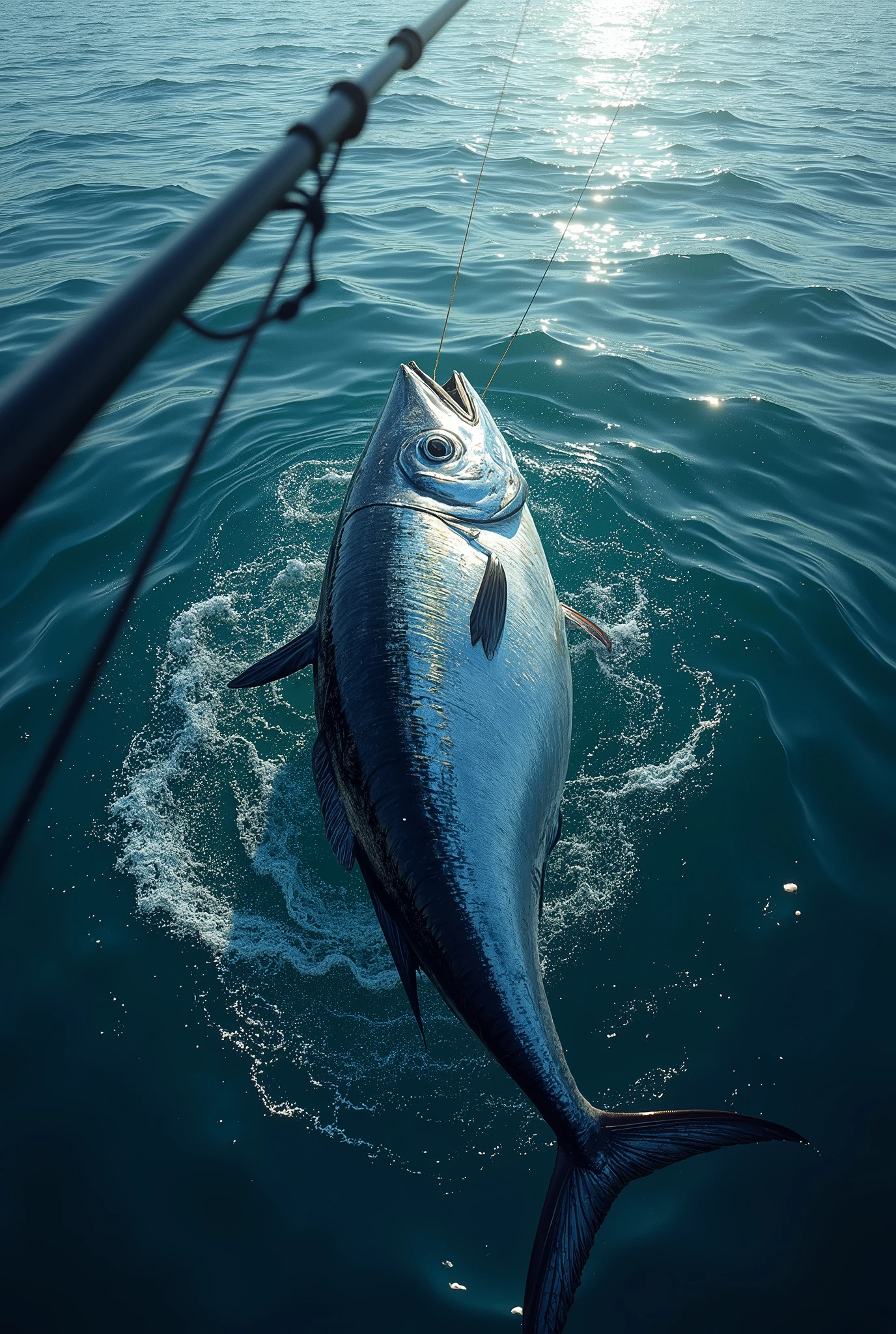 Tuna fishing with a single line, tuna near the surface of the sea with the line coiled, tuna at a depth of 30 cm, wrenched rod, tensioned line, realism, tension, tuna fishing boat, pelagic fishery, off the coast of Tasmania, From above.