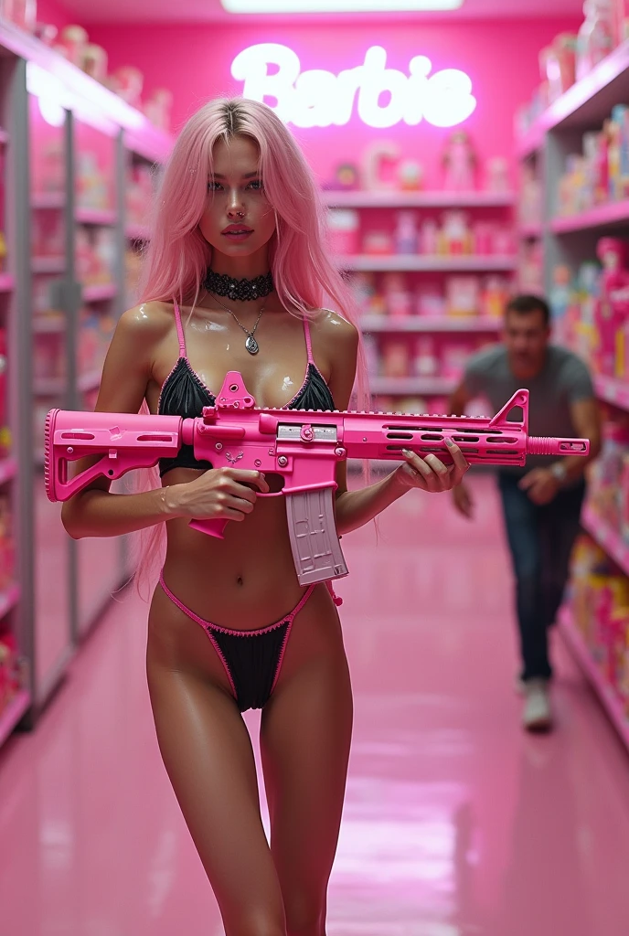 tockings), 2# croped picture, perfect picture, stunning, in a pink toy store with lots of toys and Barbiedolls in the background, barbie dolls in the room, colors White Pink Gold,Extreme anorexic skinny russian photomodel ,((Dasha Taran)), with skinny anorexic slim long legs with gap between legs, (super long skinny legs: 1.7), (skinny anorexic body: 1.5), super long messy pink_hair, (Pink Hair) seductive cute sexy face, looking very young cute, (black slave choker), (stream of sticky white translucent liquid shooting down here mouth splattering on lenses of glasses), Cum on face, cum on glasses, Cum on here hair, spattered in cum, ((shooting an PINK AR15 weapon at a man who is reunning away)), ( Pink AR-15 carbine), (Pink Assult weapon AR15), (long black shiny latex lace stockings)hard nipples, small nipples, Black tight shiny transparent latex very extreme high cut one piece swimsuit in a minimalist design ,((tight trensperant latex)), (over the hip tight extreme high_cut swimsuit), extreme mini transparent Black pink swimsuit , (man is scared and running away from here,