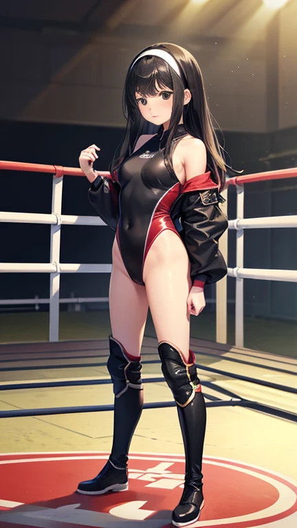 Highest quality、Very delicate and beautiful、Japanese、In addition、Chiquita、Black Hair、Straight hair、hair band、leotard、Standing in the wrestling ring、Wrestling boots,discovery,Professional wrestling matches,The whole body is projected from head to toe、Standing leaning against the corner post
