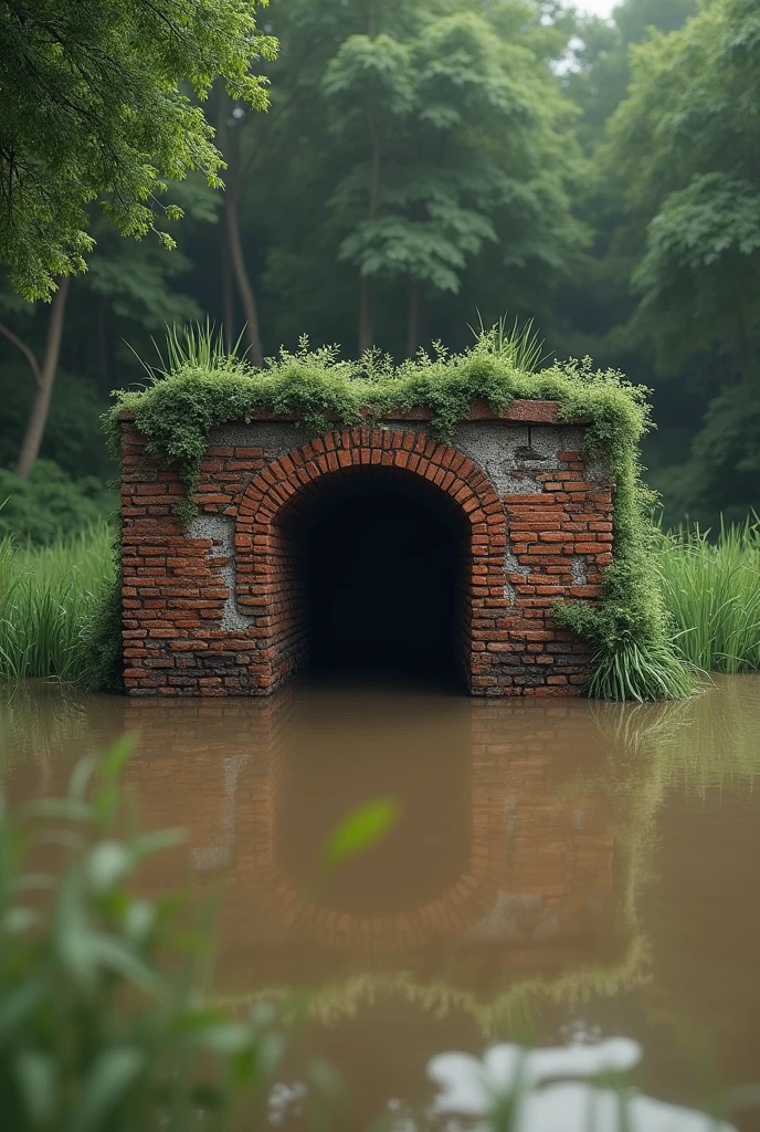 A partially submerged brick structure sits in the center of muddy water, surrounded by lush greenery. The walls are made of red bricks, with some areas showing signs of decay, and the water reflects the structure's shape. The surroundings include tall grass and trees, contributing to a tranquil yet abandoned atmosphere.