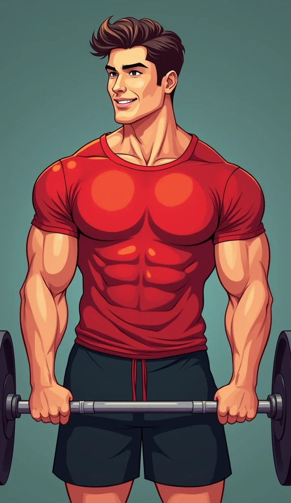 best quality, masterpiece, fill frame, zoomed out, full body, cel shading cartoon art, poster of handsome man, athletic build, wearing plain red tshirt and black shorts, gentle smile while lifting a barbell, perfect fingers, perfect hands, perfect face, perfection, no background