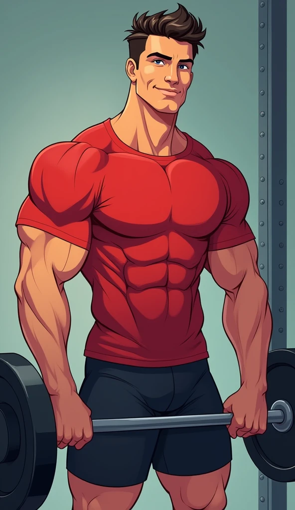 best quality, masterpiece, fill frame, zoomed out, full body, cel shading cartoon art, poster of handsome man, athletic build, wearing plain red tshirt and black shorts, gentle smile while lifting a barbell, perfect fingers, perfect hands, perfect face, perfection, no background
