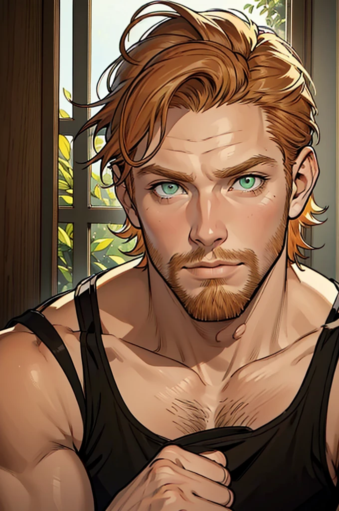 (masterpiece)，(Very detailed)，(Very detailed)，(best quality), perfect lighting, Male, ((short messy ginger hair)), tall, stunning, beautifull face, green eyes, tanktop, animated style, perfect face, highest detail, stubble, detailed face, intricate details, expresionless