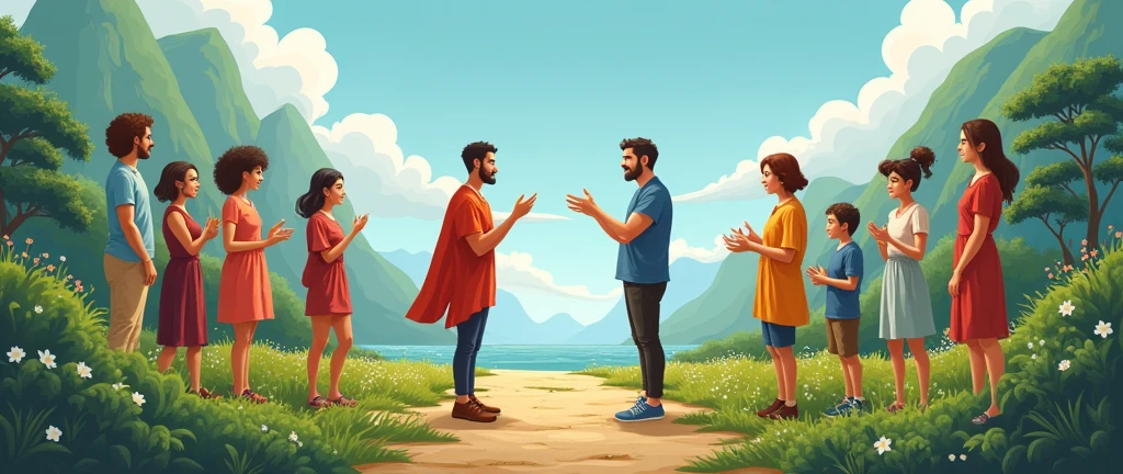 Split screen with two different cultural groups trying to communicate, illustrating both successful exchanges and potential misunderstandings. landscaping photo