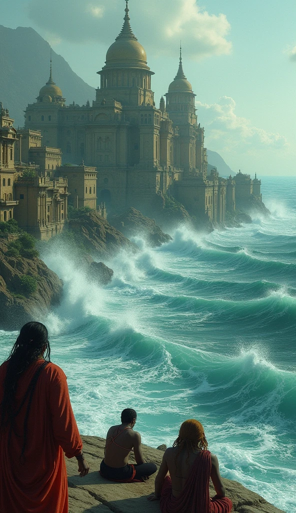 **Dwarka’s Submersion**: Visualize the final moments of Dwarka as the ocean rises, with waves engulfing the grand city. The image should reflect a sense of loss and the unstoppable force of destiny, as the once-great city is swallowed by the sea.