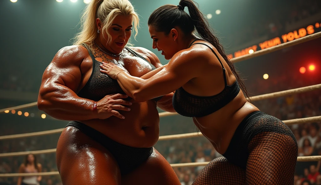 lambada, 2 Sexy 50 years old fat busty fishnet tights body builder　biggest woman wrestling   oily woman ,full body,sexy Mascot costume