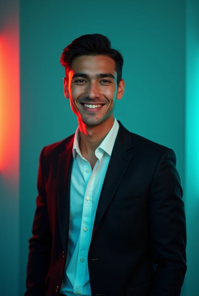 A young man with dark hair and a confident smile. He is dressed in a black blazer over a white shirt. The man is positioned against aqua colour backdrop with a subtle red lighting on the left side. and he posing for Linkedin profile