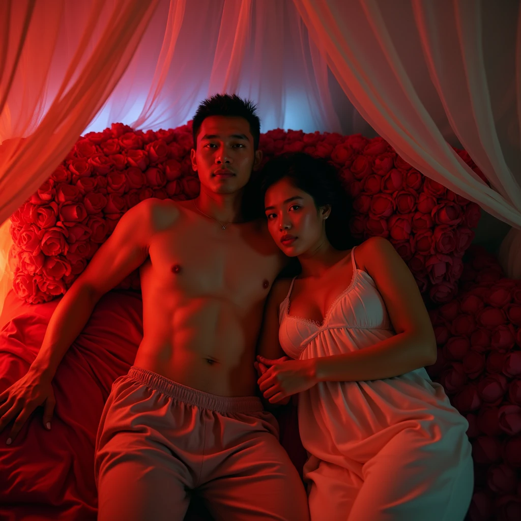 Indonesian couple. The man is a normal body wearing simple pajamas. With The woman is a little chubby and huge breasted, wearing sleeveless knee-nght nightgown. The luxurious bedroom is decorated with red roses and a mosquito net with RGB neon backlight as a background detail, lying on the pillow together. Look at the viewer, natural light, realistic photography, wide angle shot from top.