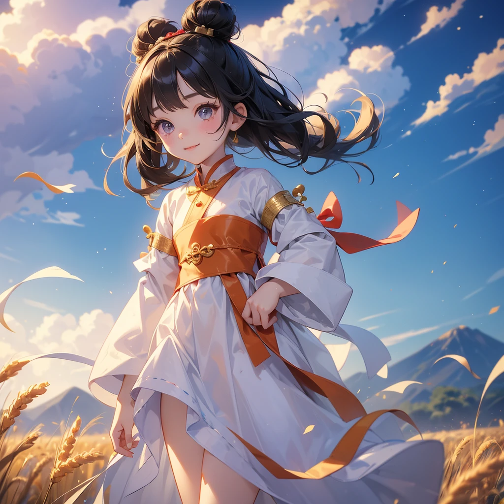 A chibi child girl had a small face and Wearing a white little Taoist priest's outfit. A pair of big round eyes shone with curiosity about him. This child was so cute!, Burning joss paper and gold paper for the departed spirits, her hair is black with two buns on her hair.small chibi, chibi baby, smiling.The little chibi baby looked up with his chest raised, and his face was old and proud.
Standing in the middle of a wheat fields, behind which are mountains, there are low clouds floating in the blue sky.