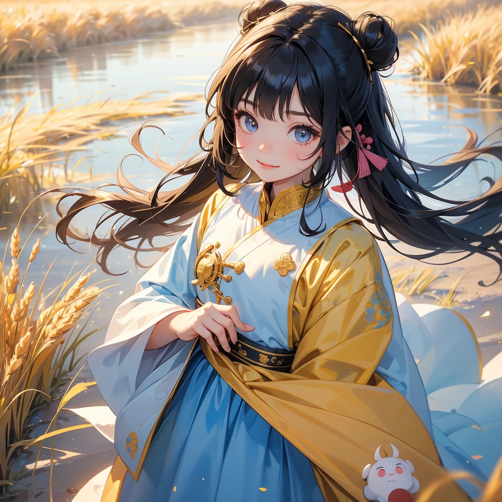 A chibi child girl had a small face and Wearing a white little Taoist priest's outfit. A pair of big round eyes shone with curiosity about him. This child was so cute!, Burning joss paper and gold paper for the departed spirits, her hair is black with two buns on her hair.small chibi, chibi baby, smiling.The little chibi baby looked up with his chest raised, and his face was old and proud.
Standing in the middle of a wheat fields, behind which are mountains, there are low clouds floating in the blue sky.