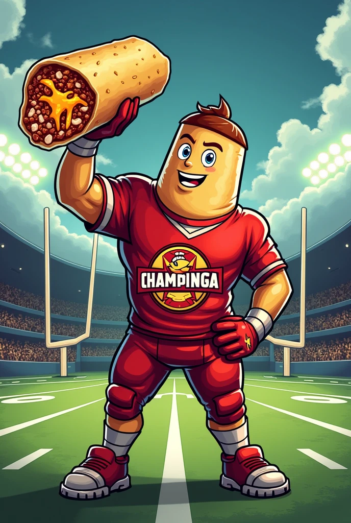 A chimichanga burrito comic character holding a burrito with a logo saying chimichanga champions. football themed, something I can use as a profile picture 