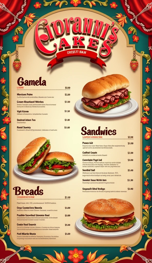 Design a page with a list of Mexican food, that its menu contains sandwiches and bread with ham, of Title says "Giovanni's Cakes" in letters at the top of the page