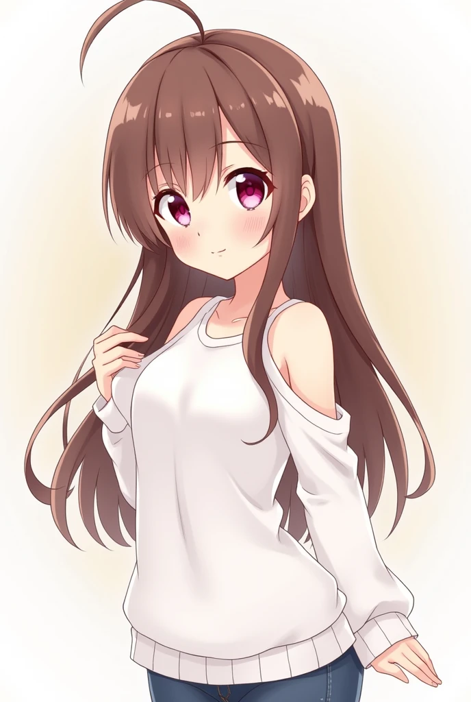 Anime girl , brown hair , long hair , pink eyes , friendly eyes , white long sleeve t shirt , open shoulders , chibi