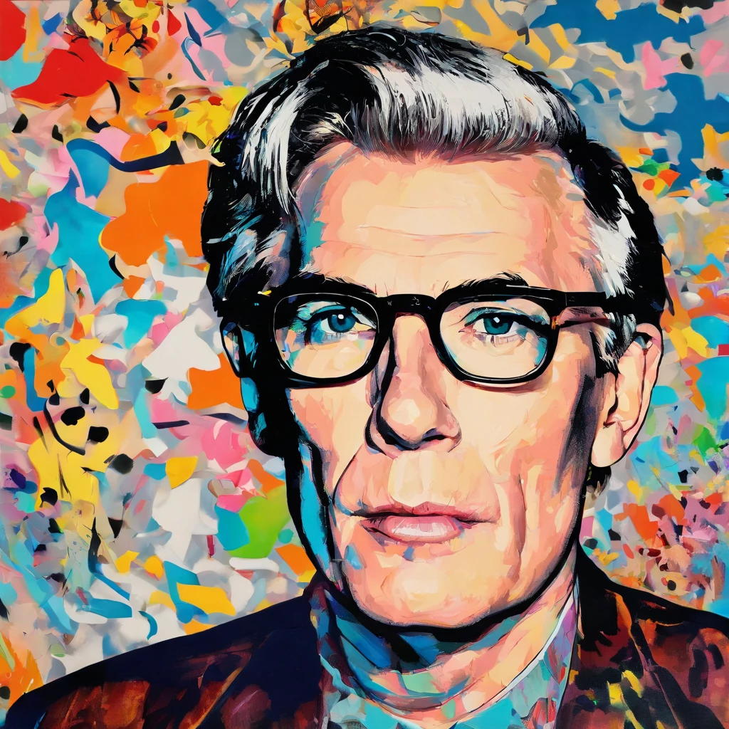 a portrait of andy warhol, detailed realistic oil painting, beautiful detailed eyes, beautiful detailed lips, extremely detailed face and features, 1 man, middle aged, short grey hair, wearing glasses, expressionless neutral face, indoors studio setting, warm lighting, vibrant colors, hyperrealistic, highly detailed, cinematic, (best quality,4k,8k,highres,masterpiece:1.2),ultra-detailed,(realistic,photorealistic,photo-realistic:1.37)