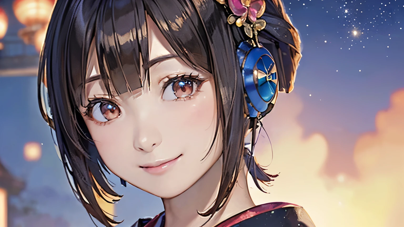 ((a closeup, top-quality, high detailing, rich skin detail, nffsw)), (Best Quality, 8K, Oil Painting, masutepiece:1.2), ((top-quality, 32K, nffsw:1.2)), (Raw photography), (realistic), (Photorealsitic:1.2), (((high resolution))), ((ultra-detailliert)), ((extremely beautiful face and eyes, 1girl in, round small face, big breasts thin waist)), (((upper body shot))), (((bust shot))), (((Short hair))), (((Girly hairstyles))), (((She wears kimono))), (((kindly smile))), (((Laughing))), (((emphasis on the chest))), (((Hands behind the body))), ((headphones)), ((background: night, starry sky)), ((ukiyo-e style)), ((smile)), ((1 girl)),