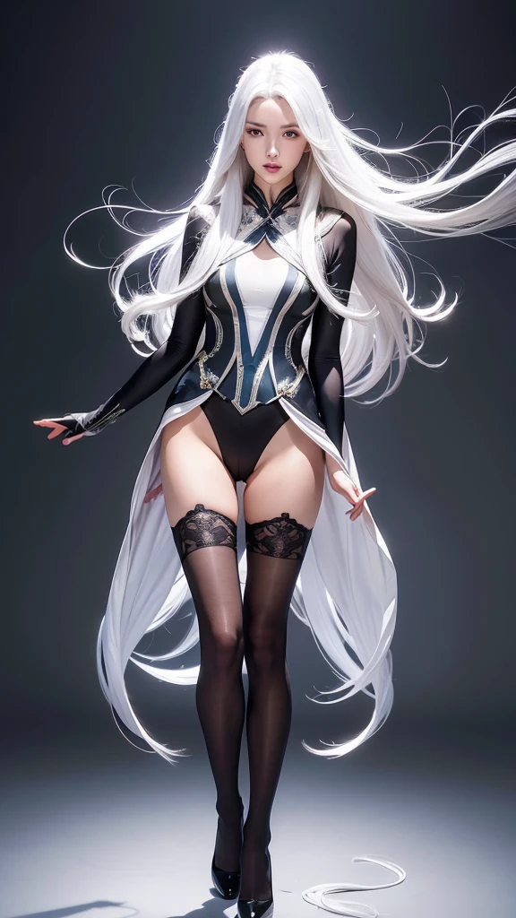 A realistic, Super-resolution image of a lady with long hair, White hair, Stand confidently. She is wearing a tights, Transparent tights, Highlighting her slender figure and long legs. Her facial features are perfect and charming. This scene highlights her elegance and grace, Mix and match clothing colors, Evoke a sense of modern art.perspective,((Leakage))