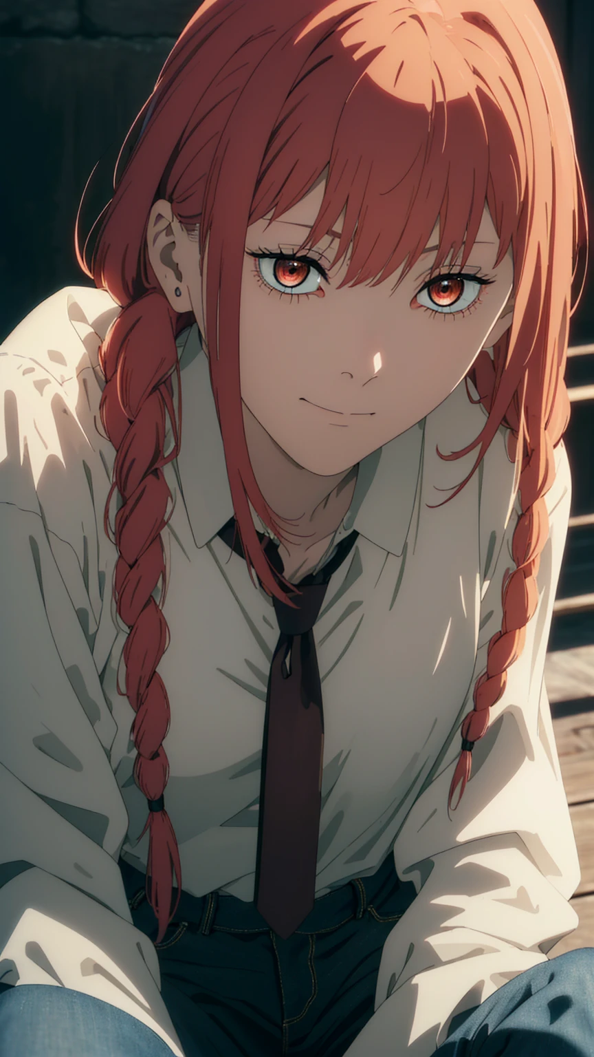 masterpiece,best quality, official art, extremely detailed CG unity 8k wallpaper, ((top quality, 8k, masterpiece: 1.3, ultra hd, high quality, best quality, high definition, ((realism)), sharp focus: 1.5,(Very detailed CG unity 8K wallpaper), Dark Cinematic Lighting, cinematic lighting, makima \(Chainsaw Man\), ((close up face:1.5)), undress white shirt, Medium Breast ,Red hair, Long braided red hair, cowboy shot, detailed thin thighs, detailed navel , black denim, dark background, (sitting), The best quality, ,detailed nipples,