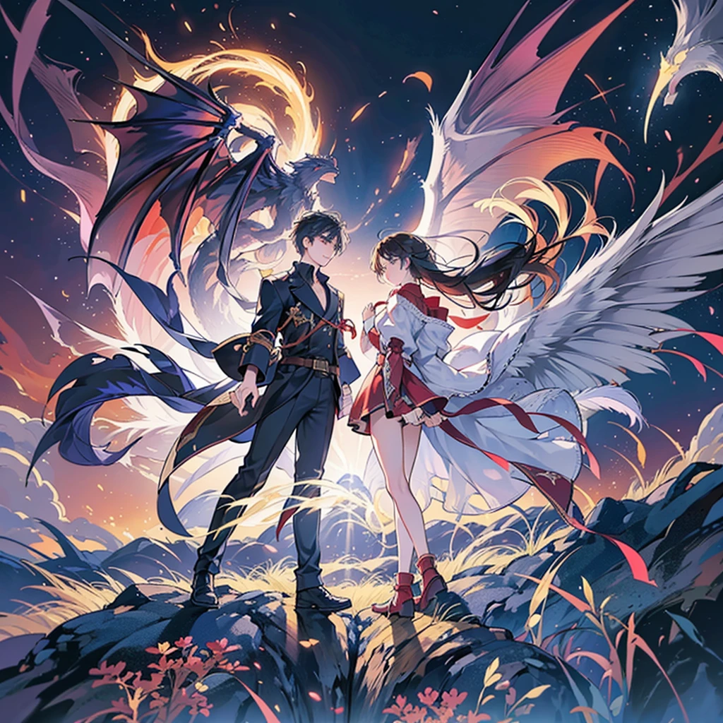 An 18-year-old handsome man and an 18-year-old beauty stand in front of two glowing dragons and glowing phoenixes. The lighting effects are very high. The 2D picture has clear lines, rich colors, supernatural game CG fantasy, the surrounding power, the surrounding energy, the picture is clear and vivid.