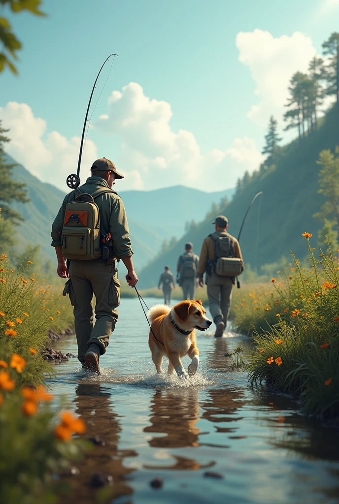 Anglers are fully equipped to go fishing.Follow a dog.anatomically correct.Scenery background(best quality,4K,8k,High resolution,masterpiece:1.2),Super detailed,(actual,photoactual,photo-actual:1.37),