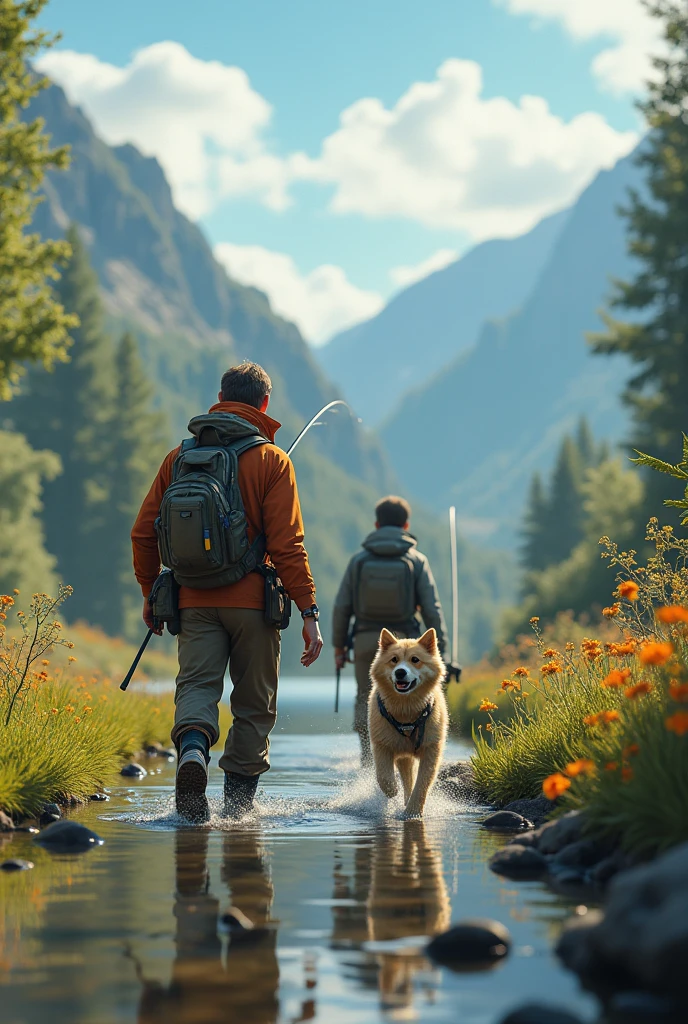 Anglers are fully equipped to go fishing.Follow a dog.anatomically correct.Scenery background(best quality,4K,8k,High resolution,masterpiece:1.2),Super detailed,(actual,photoactual,photo-actual:1.37),