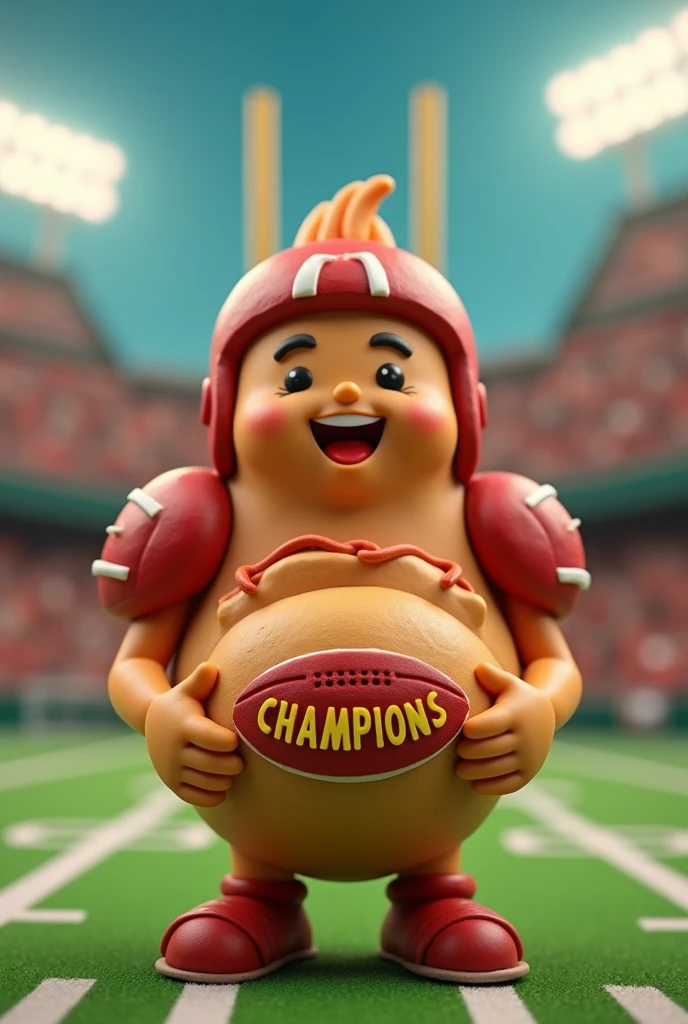 A chimichanga burrito clay character holding a burrito with a logo saying chimichanga champions. football themed, something I can use as a profile picture 