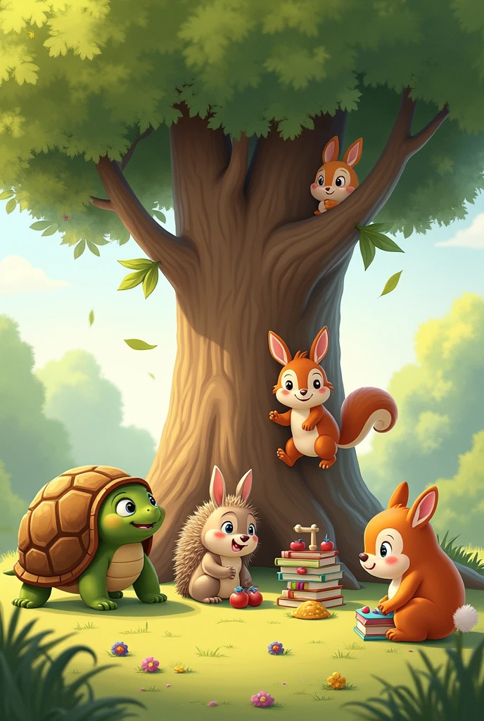 A little turtle, a hedgehog, a rabbit, a squirrel, Playing together in kindergarten at a tree for a children's book
