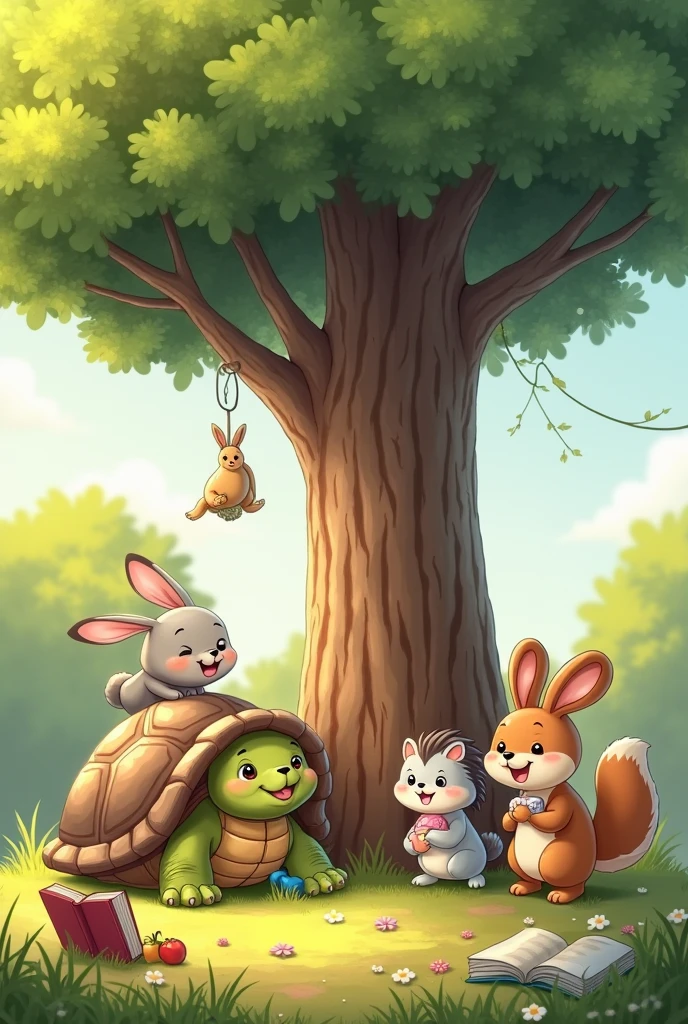 A little turtle, a hedgehog, a rabbit, a squirrel, Playing together in kindergarten at a tree for a children's book