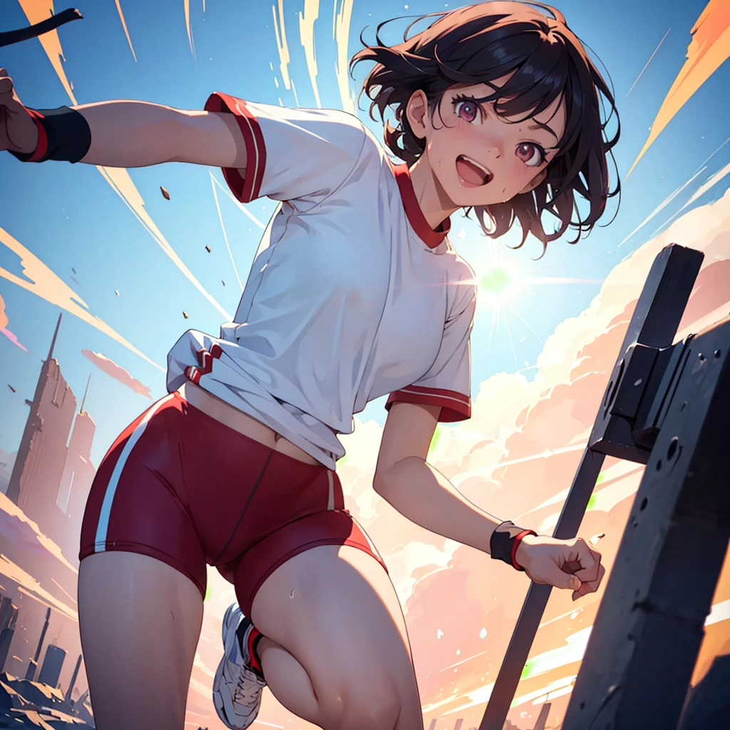 A girl with short hair, beautiful detailed eyes, beautiful detailed lips, extremely detailed face, red eyes, short boyish hair, running outfit, sun-kissed skin, open mouth big smile, (sweat), overflowing frame, dynamic illustration, sparkling effects, action painting, (best quality,4k,8k,highres,masterpiece:1.2),ultra-detailed,(realistic,athletic,energetic,vibrant colors,dramatic lighting,anime,anime style),hands out of frame, dutch angle, feet out of frame, closeup chest, low angle