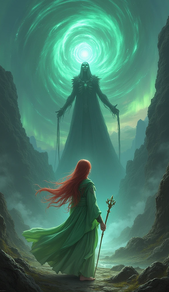 In a vast, mystical landscape where the sky shimmers with the colors of the evening aurora, the graceful summoner Seraphina stands with unwavering resolve. Her long, flowing red hair cascades from beneath a green hood, and her piercing green eyes gleam with determination. Her elegant robe, crafted from pale green cloth adorned with magical symbols on the sleeves, flutters gently in the breeze. In her hand, a staff faintly glows with mystical energy. With a focused gesture, Seraphina raises her staff to the heavens, and the ground beneath her begins to tremble as she calls forth a being of immense power from the depths of the underworld.

From a chasm that suddenly opens beneath her, Hades, the lord of the underworld, rises. His skeletal form, draped in dark, tattered robes, towers upward, exuding an aura of malevolent power. His hollow eyes burn with an eerie glow as he surveys the battlefield, his presence commanding the very shadows to dance at his feet. With a slow, deliberate motion, Hades raises his ancient staff high into the air, the dark metal glinting ominously in the dim light.

As he begins his incantation, the air around him grows thick with dark energy. The ground quakes as he summons forth the Black Cauldron, a swirling vortex of dark magic that spirals up through the frame, rising from the depths below. The vortex twists and churns with malevolent force, its dark tendrils reaching out to inflict multiple status ailments upon any who dare oppose him. The battlefield is enveloped in shadow, as Hades’ dark power spreads like a curse, overwhelming all in its path. Seraphina stands resolute, her summoning complete, as Hades prepares to unleash his devastating magic upon their enemies, a harbinger of inevitable doom.