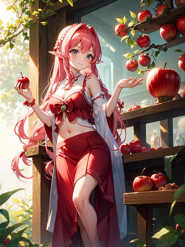 The little apple tree elf puts on a red, plump bud skirt，Like a red apple hanging on a branch。Tied a fluffy side braid，An apple hair band is tied at the end of the hair，There is a delicate apple hairpin on it.，The color of the wings is pink，Shine through the light，Extremely beautiful。