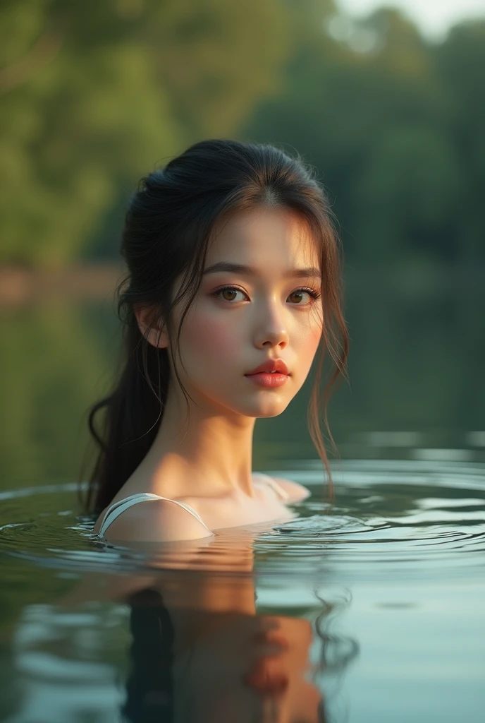 A girl walking on the lake, beautiful detailed eyes, beautiful detailed lips, extremely detailed eyes and face, long eyelashes, elegant dress, graceful pose, tranquil lake, lush green foliage, golden hour lighting, cinematic composition, muted color palette, highly detailed, photorealistic, 8k, best quality, masterpiece