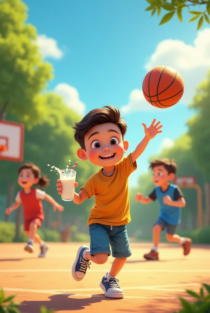 Suggested images: Sammy drank a glass of milk and played basketball with his friends..
