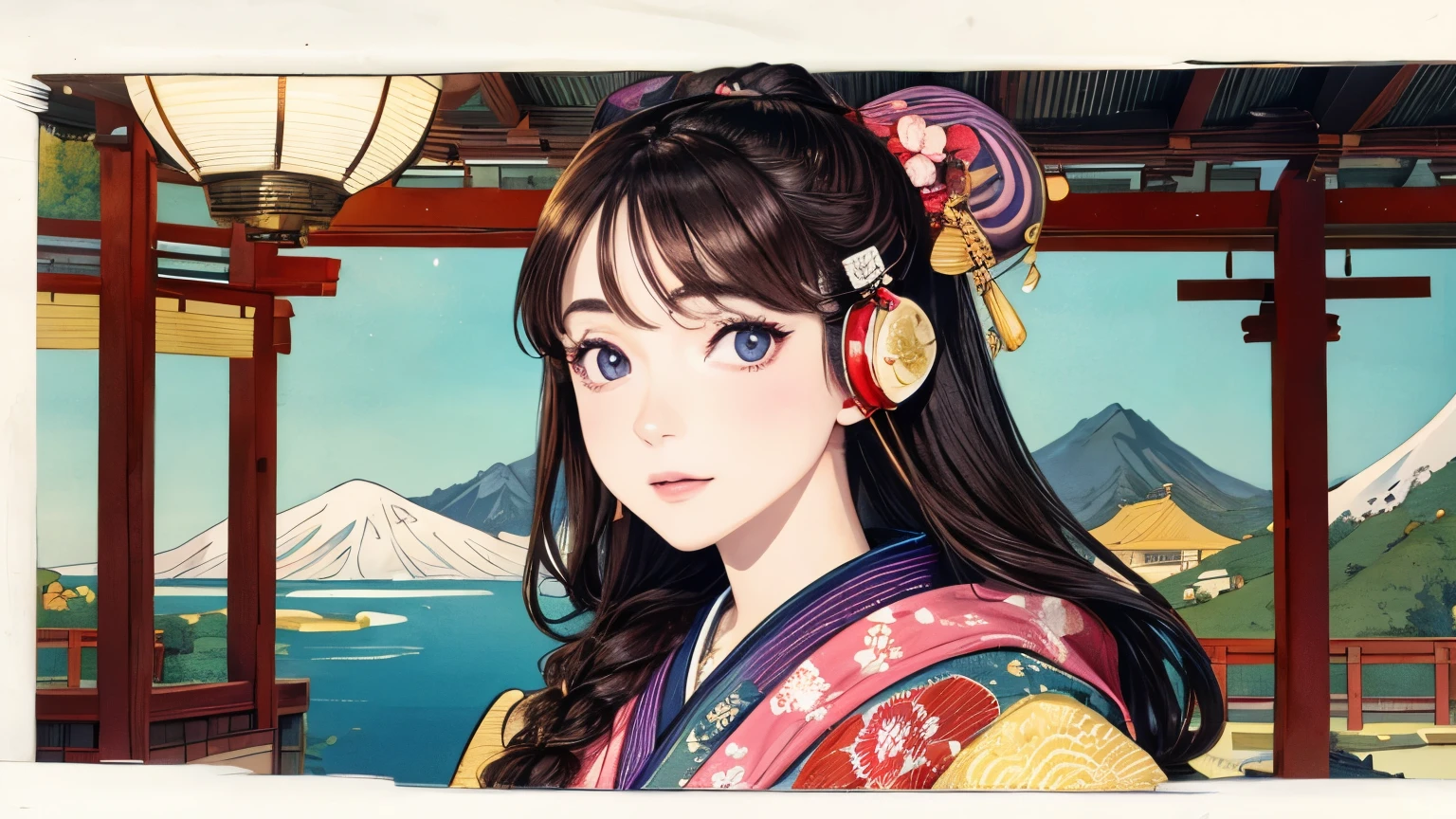 (Highest quality, 8k, masterpiece, High resolution), (whole body), Vibrant colors, ((headphones)), Brown-black bob, Traditional topknot, Ample breasts, (Highly detailed face and eyes, Beautiful Face, Beautiful Eyes, Beautiful nose, Pretty lips), Official Art, Ukiyo-e style, (Beautiful woman in kimono), (Vivid floral patterned kimono), background, river, bridge, Mountain, wood, Starry Sky, moon, Detailed CG,