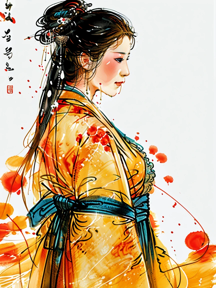 8ｋ　Highest quality　Highest quality　High resolution　flower々A woman wearing a decorated kimono　Mainly facial depictions　Women feel moist and wet　soft, Gentle smile　pale colour　Soft ink painting　Fantasy　Smooth, Thin ink lines　Gentle and delicate contours　Orange and pale yellow hues　No text in the background　No text The woman is wet and moist