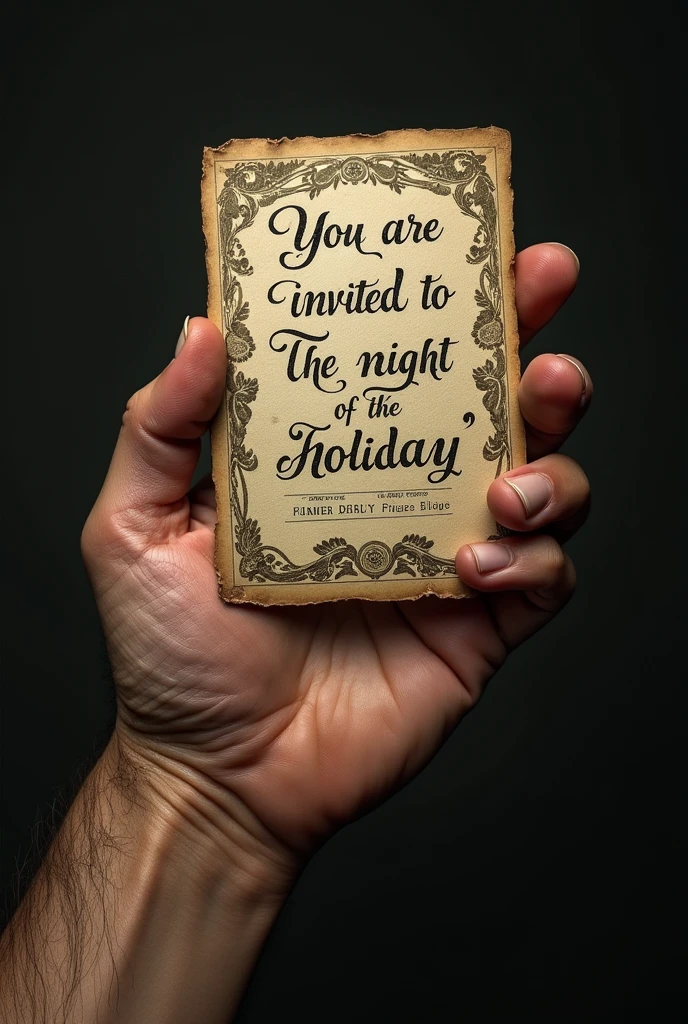 Create a hand of a person (in first person) with a poster that says you are invited to 'The Night of the Holiday' from the 1850s but that looks big