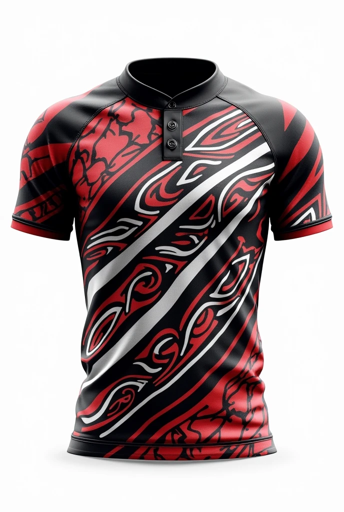 Create for me rugby jerseyMaori tribe pattern design black red white   full pattern black collar white background clear design indigenous pattern