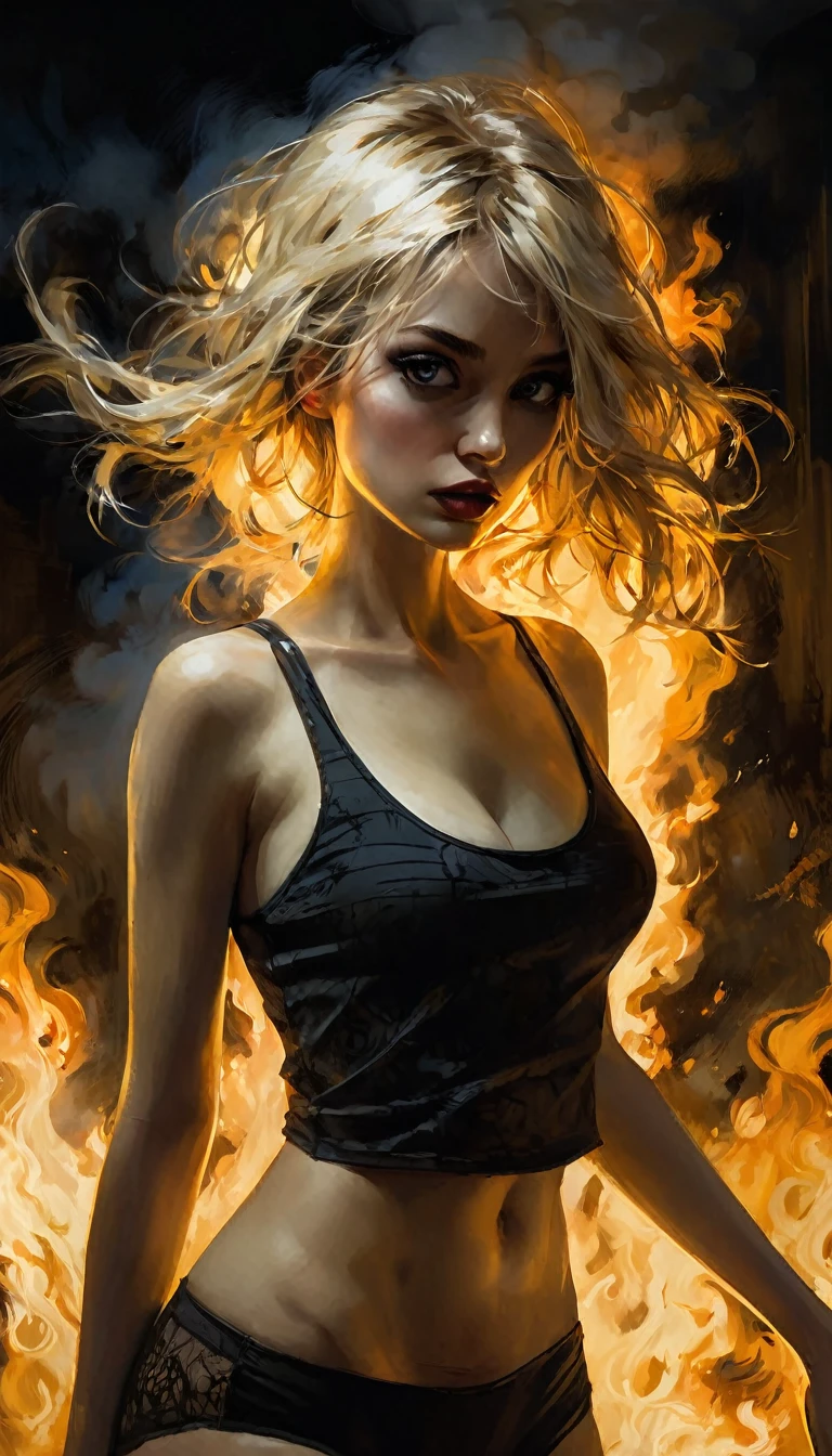 blonde long hair girl, in tank top and panties,marked nipples, sexy, scared, dynamic pose,,her computer is burning,art inspired by Bill Sienkiewicz and Dave McKean(best quality, 4k, 8k, high resolution, masterpiece: 1.2), ultra-detailed, (realistic, photorealistic, photorealistic: 1.37), details intricate, vivid colors, sharp focus, professional, Dave McKean artwork, surrealism oil touch, oil painting style, portrait, woman, beautiful detailed eyes, beautiful detailed lips, computer burning, dreamy atmosphere, shadow play, lighting soft, fun pose, dark tones, ethereal background, fantasy elements, texture, layered composition.eroticism, sexy, black and white image, between shadows, oil painting, chiaroscuro, sensual, dramatic lighting, moody atmosphere, photorealistic, intricate details, masterpiece, ultra-detailed, high quality, 8k, best quality, realistic, cinematic, dark and brooding, expressionistic, powerful composition, emotional impact,. ,cute,ultra detailed skin,sketch}}}, ,}}}, art inspired by Bill Sienkiewicz and Dave McKean