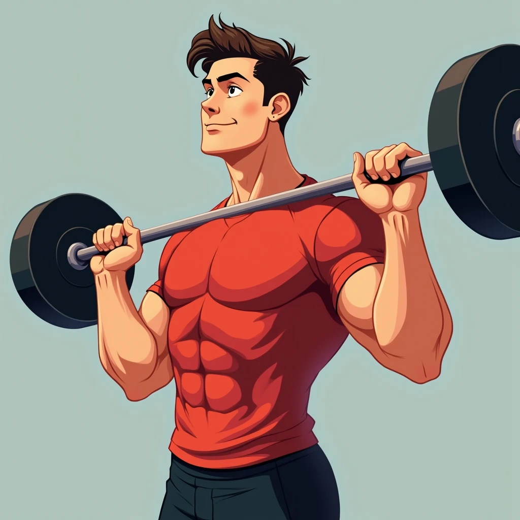 best quality, masterpiece, fill frame, zoomed out, full body, cel shading cartoon art, poster of handsome young man, athletic build, wearing plain red tshirt and black shorts, gentle smile while lifting a barbell, perfect fingers, perfect hands, perfect face, perfection, no background