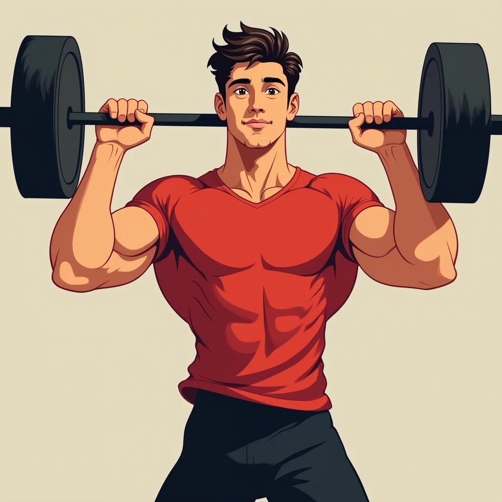best quality, masterpiece, fill frame, zoomed out, full body, cel shading cartoon art, poster of handsome young man, athletic build, wearing plain red tshirt and black shorts, gentle smile while lifting a barbell, perfect fingers, perfect hands, perfect face, perfection, no background