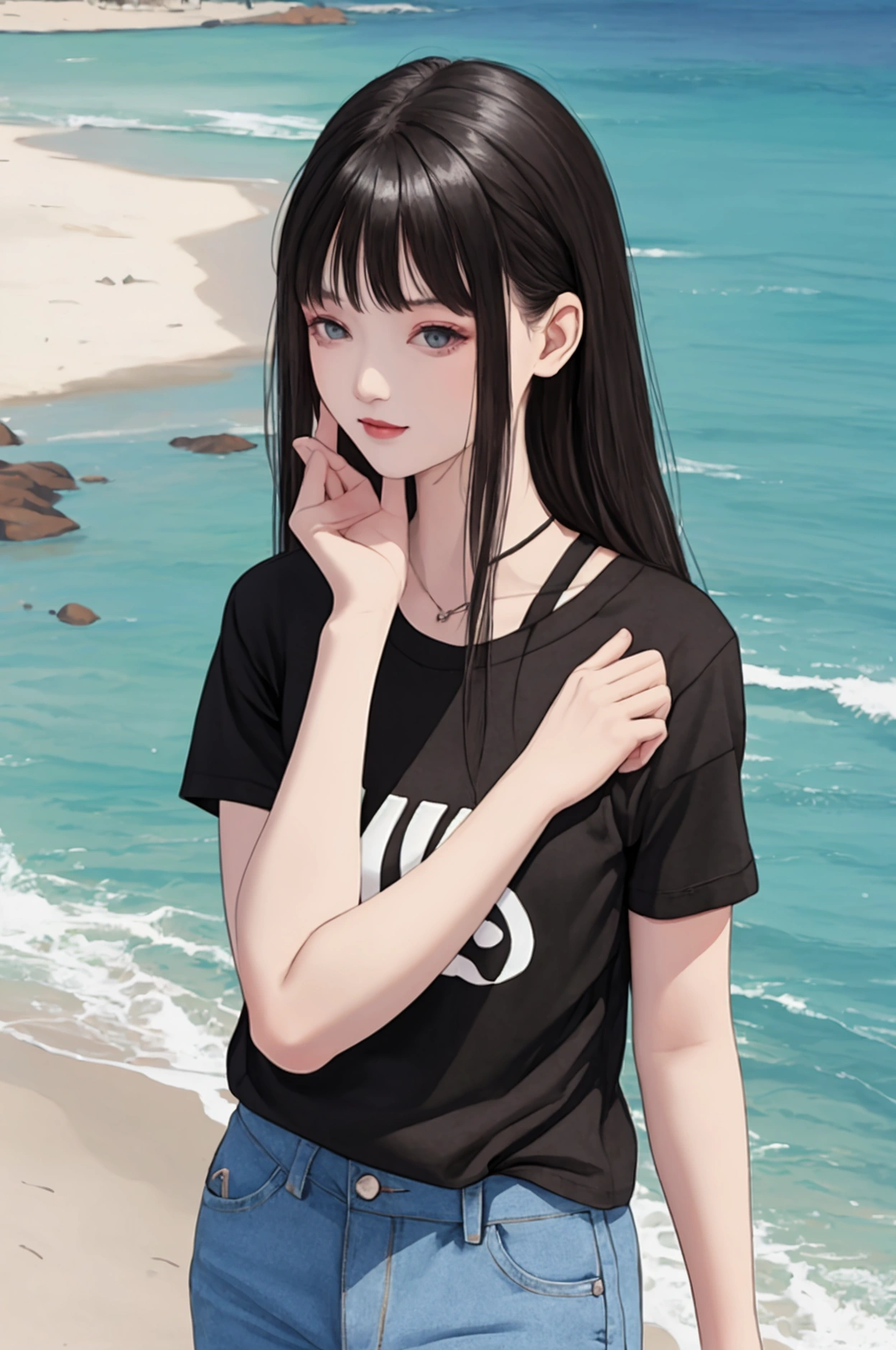 a 20 year-old girl wearing black t shirt, beach