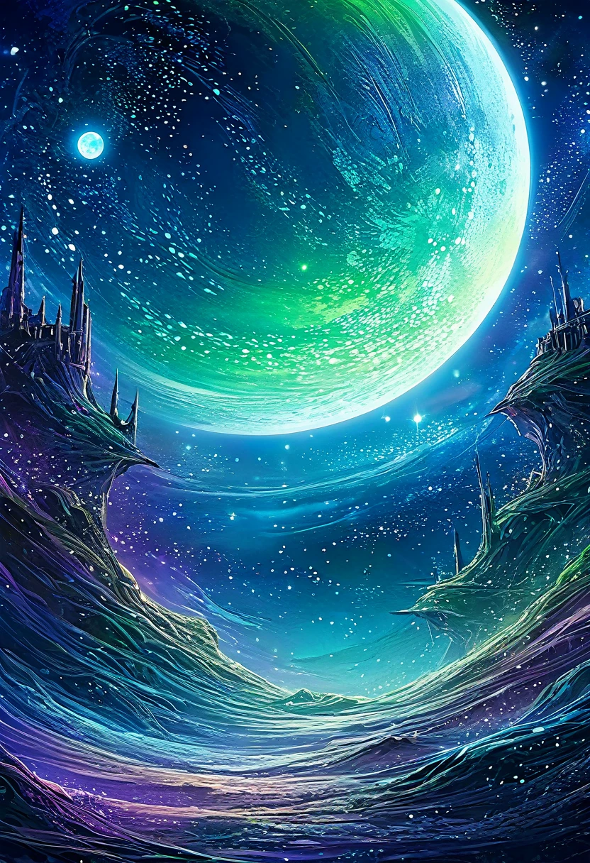 The moon is surrounded by many, Countless shining stars々. The starry sky sparkles、The light trail shines even brighter. Surreal Scene. Beautiful and wonderful composition. Subtle shadows and highlights. dark blue, Light blue and green, and purple tones. More Color Layers. Transformation Mystery Vibrant Tones Action Painting Highly Detailed HD Cinematic Close-up Magic Fantasy Gorgeous Digital Art