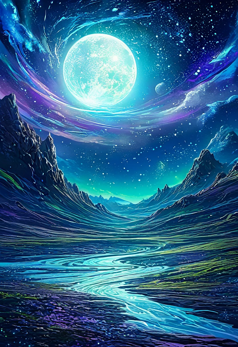The moon is surrounded by many, Countless shining stars々. The starry sky sparkles、The light trail shines even brighter. Surreal Scene. Beautiful and wonderful composition. Subtle shadows and highlights. dark blue, Light blue and green, and purple tones. More Color Layers. Transformation Mystery Vibrant Tones Action Painting Highly Detailed HD Cinematic Close-up Magic Fantasy Gorgeous Digital Art