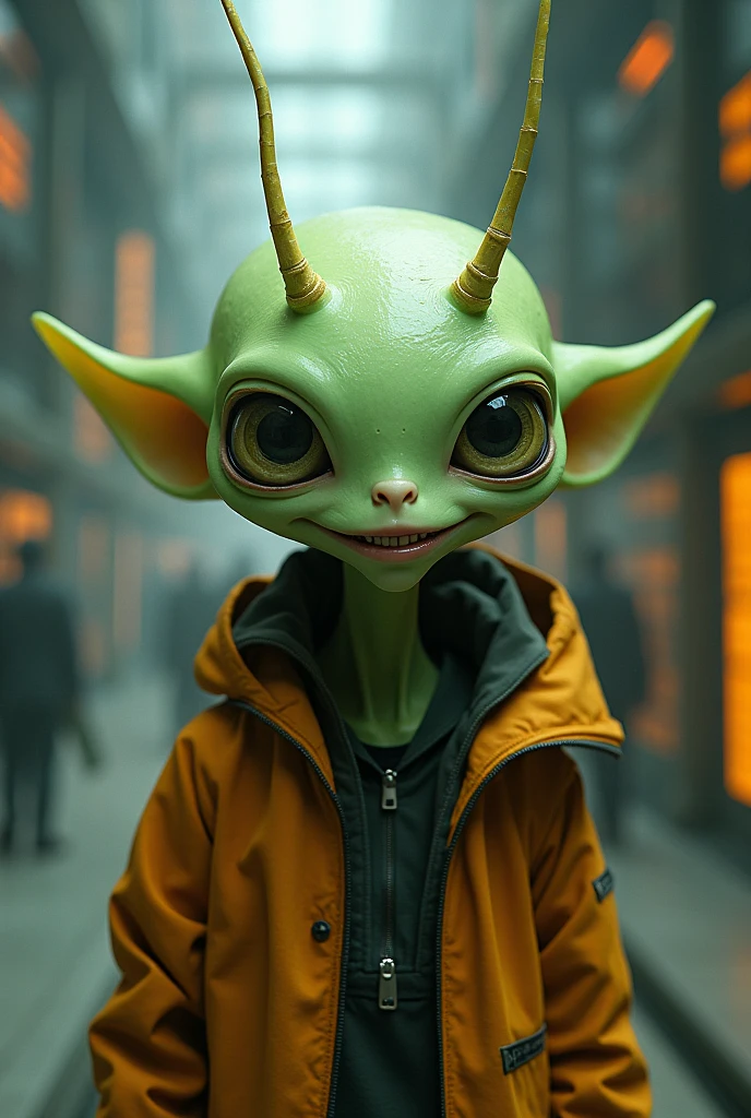 Box shape face. Green skin pale. Brace teeth . Have antennae. Green face. Average age 20. Oranges detail high tech zipped.