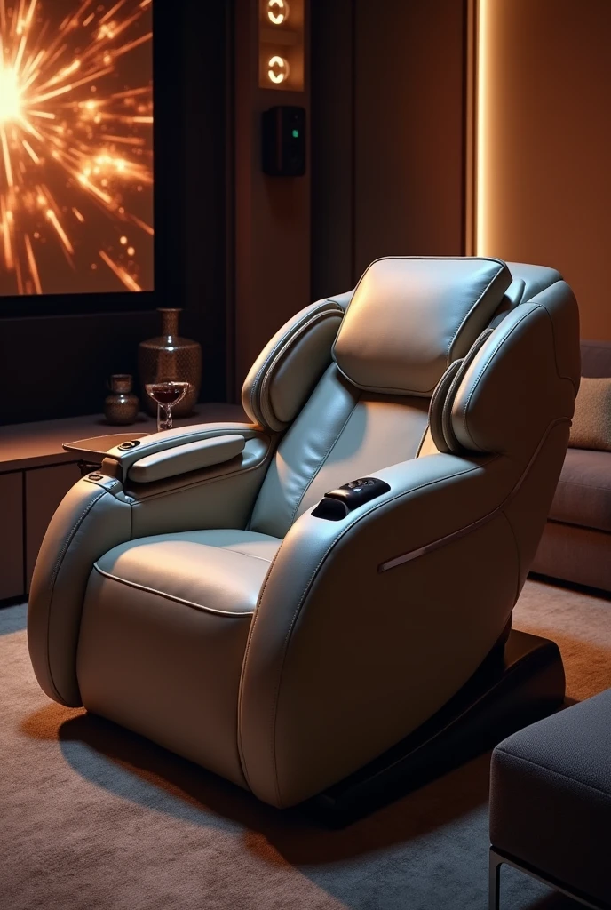 A massage chair that can watch movies, sing, and move. There is a snack holder.