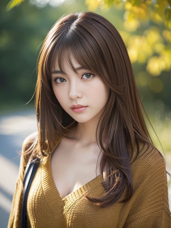 (masterpiece:1.3)、(8K、Photo realsitic、Raw photography、top-quality: 1.4)、(1Japanese girl)、beautiful face、(Lifelike face)、(Brown hair:1.5)、(Medium Hair)、Beautiful hairstyle、（One eye is hidden by bangs：1.5）、Realistic brown eyes、Beautiful details、（real looking skin）、Beautiful skins、（Black sweater）、absurderes、enticing、embarrassed、high resolution、A hyper-realistic、high-detail、the golden ratio
