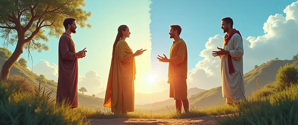 Split screen with two different cultural groups trying to communicate, illustrating both successful exchanges and potential misunderstandings. landscaping photo