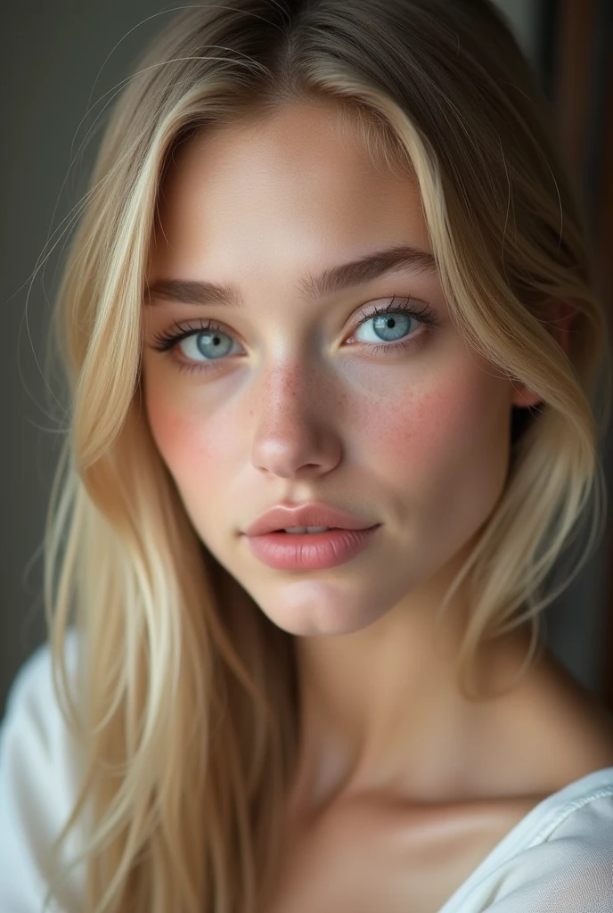 (photorealism:1.2 beautiful Russian girl:
She has fair, porcelain-like skin with a soft, radiant glow. Her face is heart-shaped, with high, prominent cheekbones that add elegance to her features. She has large, expressive almond-shaped eyes that are a striking shade of light blue or gray, framed by long, thick lashes. Her eyebrows are naturally arched, giving her a delicate but defined look. Her lips are full and well-defined, with a rosy pink color that contrasts subtly with her light skin. Her hair is straight and golden blonde, flowing down to her shoulders, with a slight wave at the ends