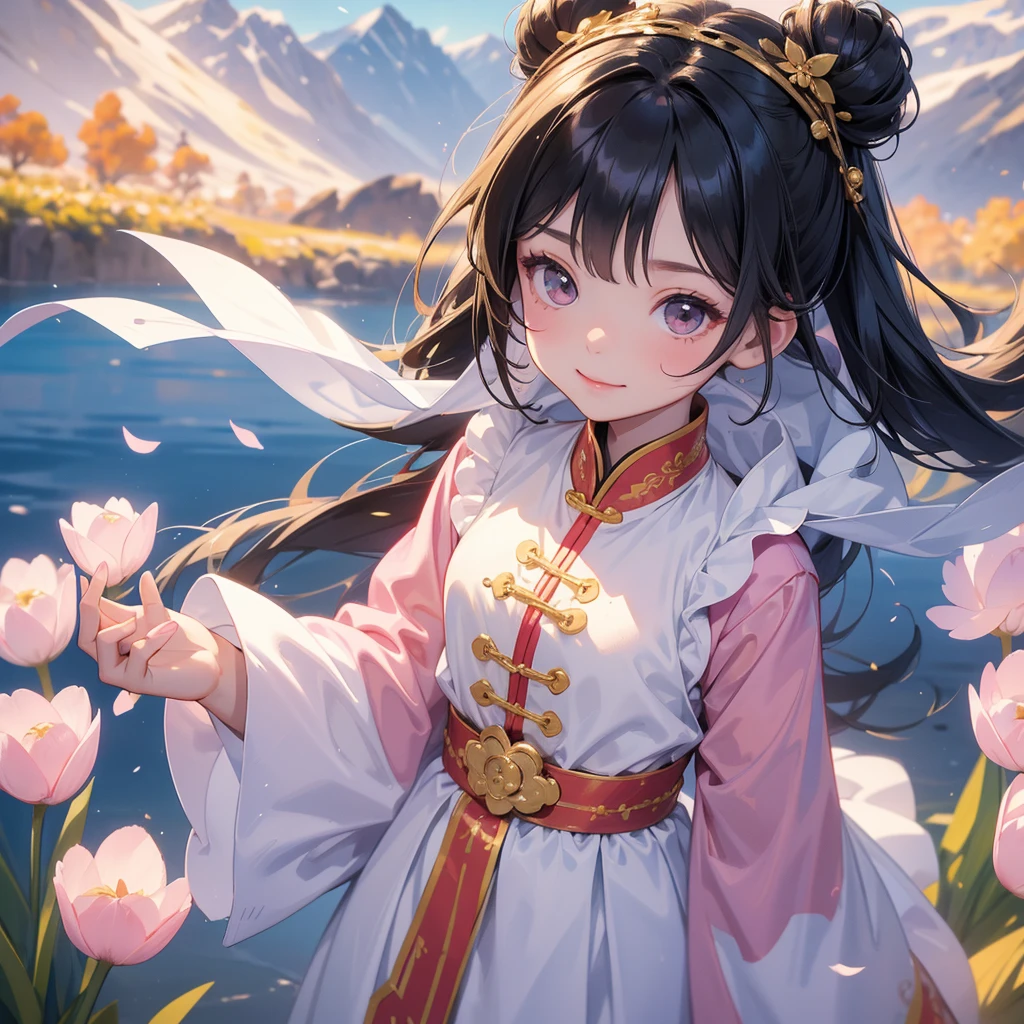 A chibi child girl had a small face and Wearing a white little Taoist priest's outfit. A pair of big round eyes shone with curiosity about him. This child was so cute!, Burning joss paper and gold paper for the departed spirits, her hair is black with two buns on her hair.small chibi, chibi baby, smiling.The little chibi baby looked up with his chest raised, and his face was old and proud.
Standing in the middle of pink tulip field, behind which are mountains, there are low clouds floating in the blue sky.