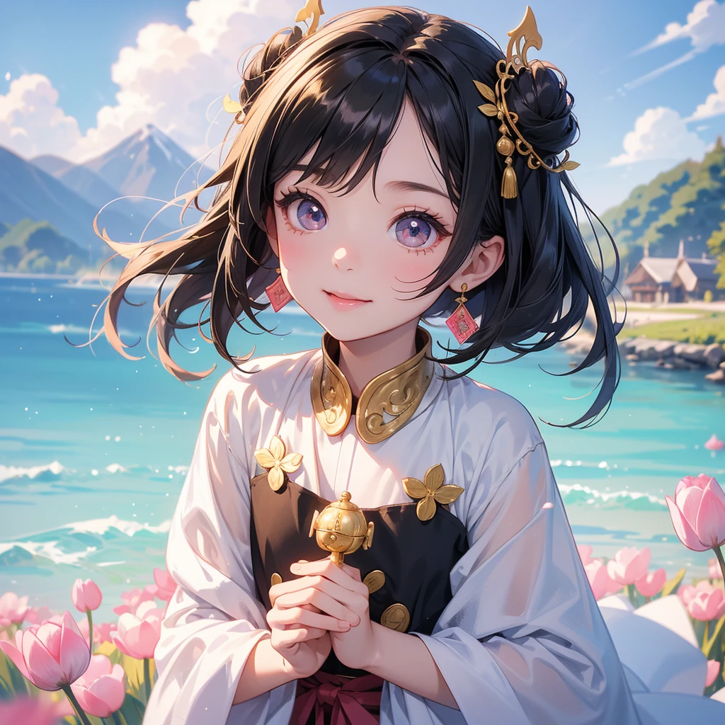 A chibi child girl had a small face and Wearing a white little Taoist priest's outfit. A pair of big round eyes shone with curiosity about him. This child was so cute!, Burning joss paper and gold paper for the departed spirits, her hair is black with two buns on her hair.small chibi, chibi baby, smiling.The little chibi baby looked up with his chest raised, and his face was old and proud.

Standing in the middle of pink tulip field, behind which are mountains, there are low clouds floating in the blue sky.

 
